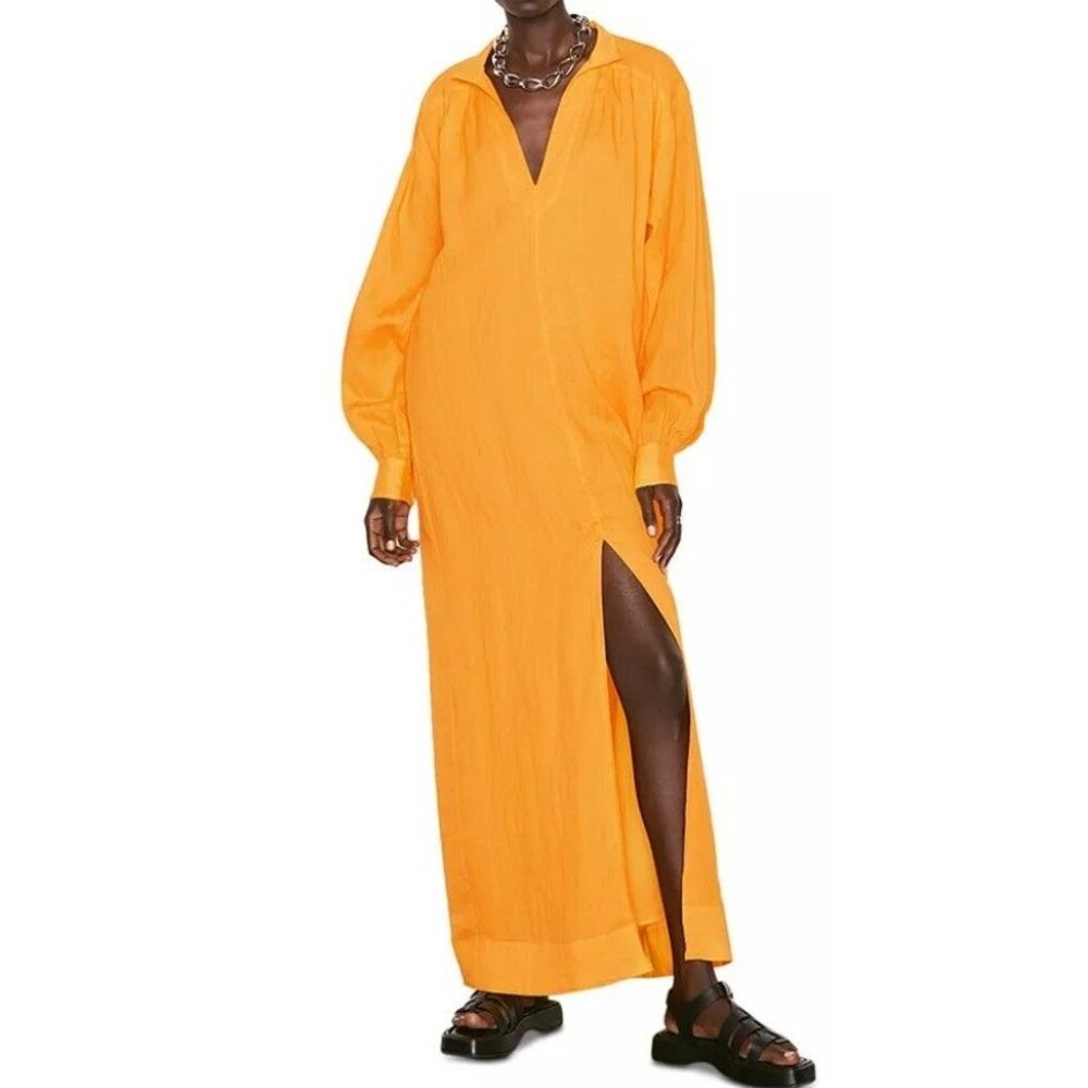 FRAME Lagenlook Coastal Caftan Maxi Dress Womens Large Kumquat Beach Blouson LS